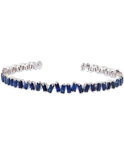 Artisan 18k White Gold With Fireworks Baguette Blue Sapphire Cuff Bracelet Bangle