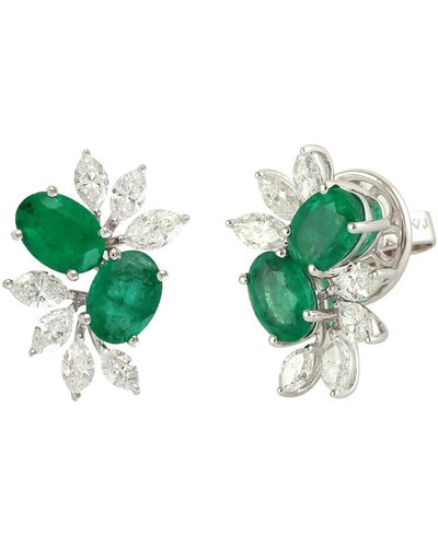 Artisan 18k White Gold In Oval Cut Emerald & Marquise Cut Diamond Stud Earrings - Green