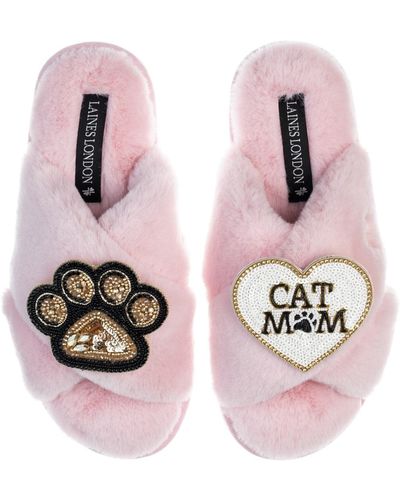 Laines London Classic Laines Slippers With Paw & Cat Mum / Mom Brooches - Pink