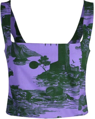 Klements May Bodice Top In Doomed Voyage Print, Violet & Deep Forest - Blue
