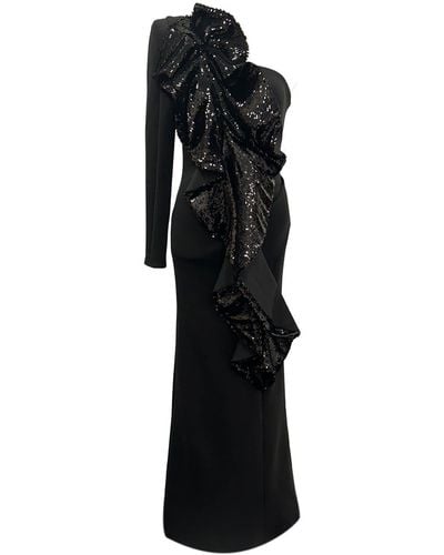 Meraki Official Sequin Ruffle One Shoulder Gown - Black
