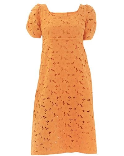 Haris Cotton Eyelet Embroidery Scallop Trim Midi Linen Dress - Orange