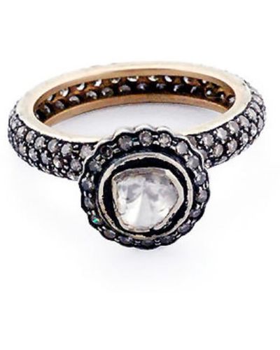 Artisan 925 Sterling Silver 14kt Gold Uncut Diamond Handmade Ring Gift Jewelry - White