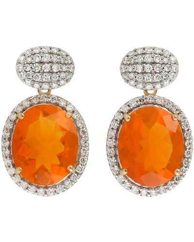 Artisan Oval Shape Fire Opal & Pave Natural Diamond In 14k Gold Antique Dangle Earrings - Orange