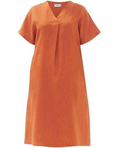 Haris Cotton Notched Neckline Linen Dress With Batwing Sleeve - Orange