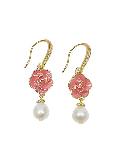 Farra Timeless Pink Rose With Freshwater Pearls Dangle Earrings - Metallic