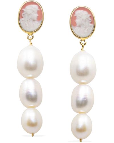Vintouch Italy Portrait Of A Girl Pink Cameo And Pearl Earrings - White
