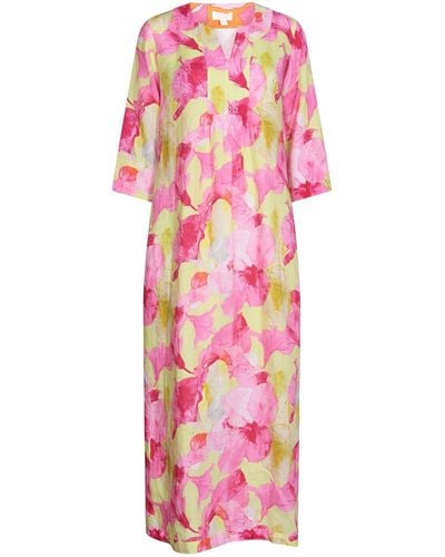 NoLoGo-chic Hibiscus Hill Print Linen Maxi Dress -lime - Pink