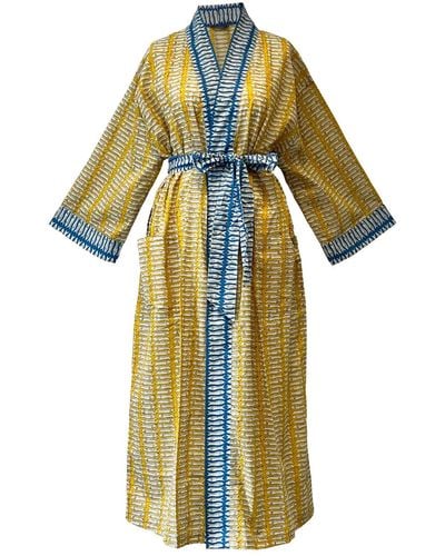 Lime Tree Design Ochre And Blue Fish Cotton Full Length Kimono