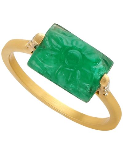 Artisan Carving Flower Cocktail Ring Emerald Diamond 18k Yellow Gold - Green