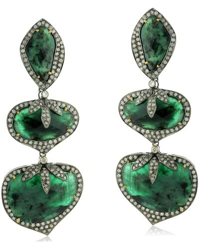 Artisan Natural Emerald & Diamond In 18k Yellow Gold With Silver Unique Dangle Earrings - Green