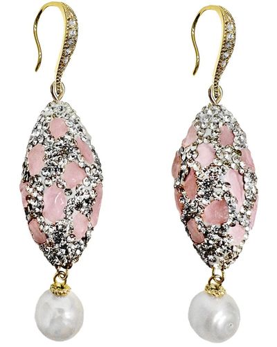 Farra Rose Quartz Rhinestone And Freshwater Pearls Earrings - Metallic