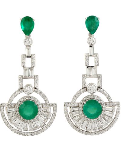 Artisan Handmade 18k White Gold Emerald Diamond Dangle Earrings - Green