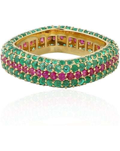 Artisan Solid Yellow Gold Natural Emerald Ruby Band Ring Handmade Jewelry - Green