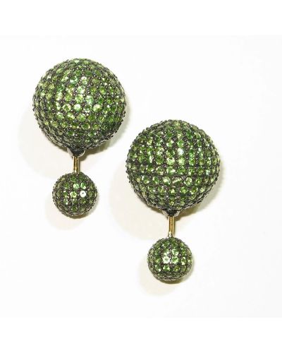 Artisan Tsavorite Gemstone Pave In 18k Gold & Silver Double Side Earrings - Green