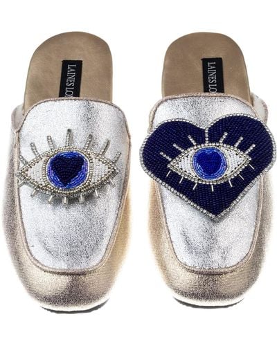 Laines London Classic Mules With Blue & Silver Double Blue Eyes Brooches