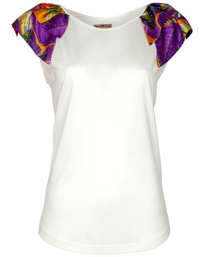Lalipop Design Off White Blouse With Printed Satin Ruffled Shoulders - Purple