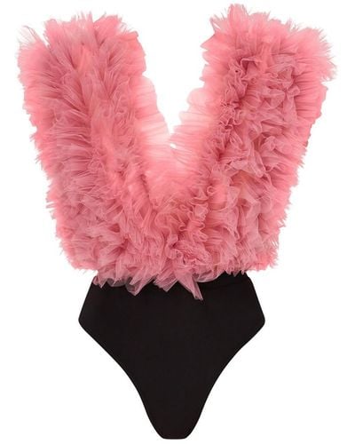 LIA ARAM Signature Rose Ruffled Tulle Bodysuit - Pink