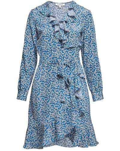 Rumour London Abby Ruffled Silk Wrap Dress With Cherry Blossom Print - Blue