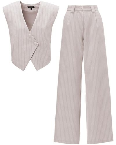 BLUZAT Neutrals Pinstriped Suit With Asymmetrical Vest And Wide Leg Pants - White