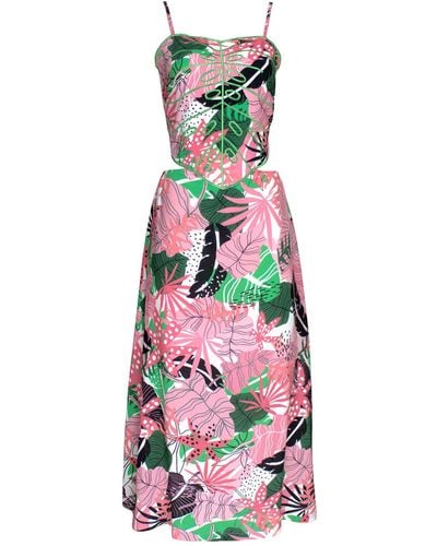 Lalipop Design Palm-leaf Embroidered Ribbed Cut-out Dress - Multicolor