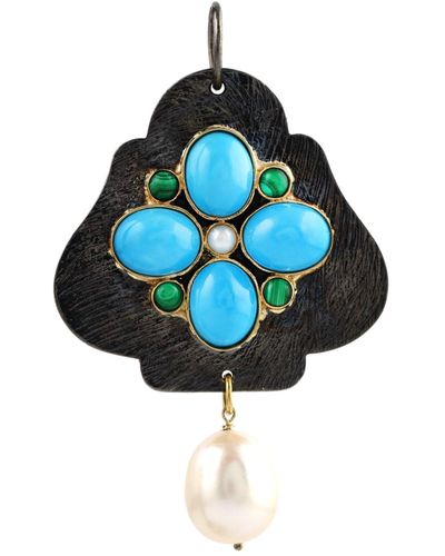Artisan Beautiful Pearl Chiness & Oval Cut Turquoise With Multi Stone In 18k Gold 925 Silver Pendant - Blue
