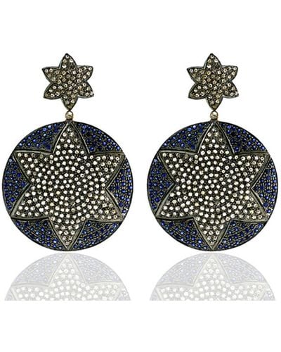 Artisan Blue Sapphire & Pave Diamond In 18k Gold Sterling Silver Star Design Dangle Earrings - Multicolour