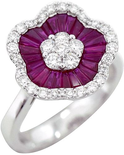 Artisan 18k White Gold In Natural Baguette & Pave Diamond Stylized Flower Cocktail Ring - Purple