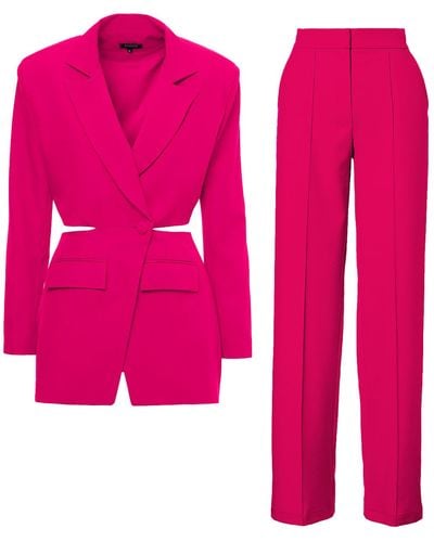 BLUZAT Fuchsia Suit With Blazer With Waistline Cut-out And Stripe Detail Pants - Pink