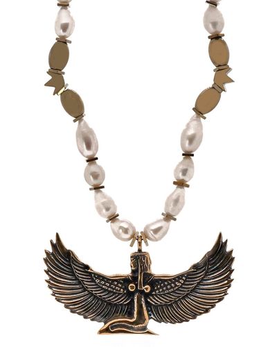 Ebru Jewelry Teardrop Pearl Magical Goddess Isis Pendant Beaded Necklace - Metallic