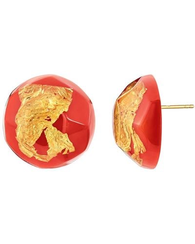 Gold & Honey 24k Gold Leaf Button Stud Earrings In Fiesta Red - Orange