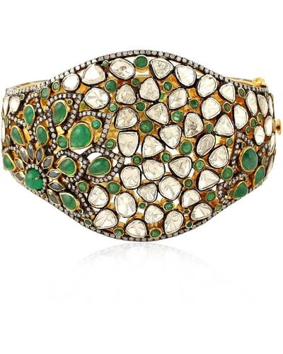 Artisan 18k Gold With 925 Silver In Bezel Set Rose Cut Diamond & Emerald Marquise Spinal Victorian Bangle - Green