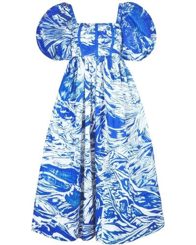 Jessie Zhao New York Printmaking Square-neck Cotton Midi Dress - Blue
