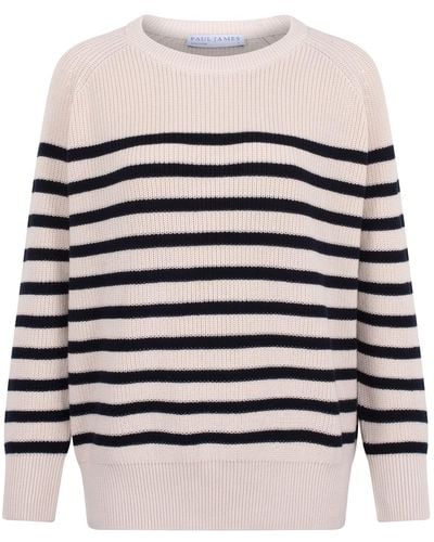 Paul James Knitwear Neutrals / S Cotton Ribbed Breton Tiana Sweater - White