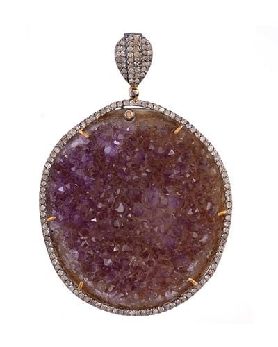 Artisan Round Agate & Pave Diamond In 18k With Silver Pendant - Red