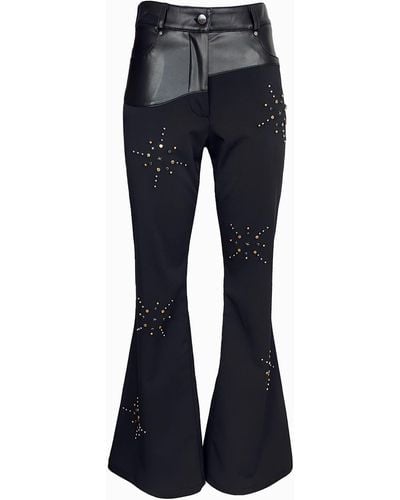 Lalipop Design Vegan Leather Detailed Trim Flared Trousers With Stud Embellished Stars - Blue