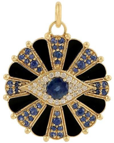 Artisan Natural Diamond Evil Eye Pendant 14k Gold Blue Sapphire Enamel Jewelry - Black