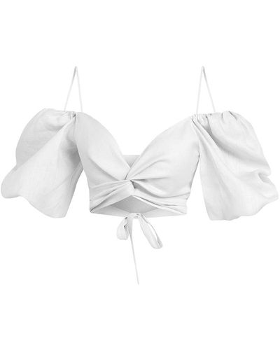 Cliché Reborn Linen Wrap Front Tie Puff Sleeve Top In White