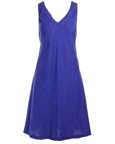 Haris Cotton "v" Neckline Flared Linen Dress - Blue
