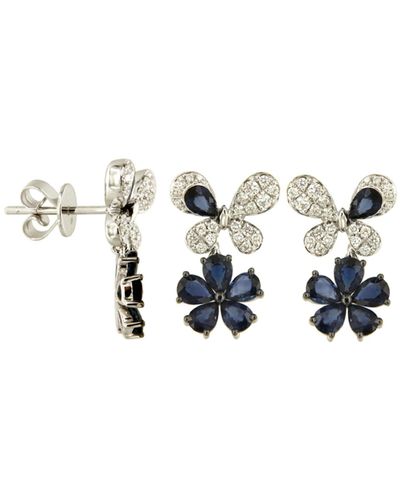 Artisan Pear Cut Blue Sapphire & Pave Diamond In 18k White Gold Butterfly With Flower Design Dangle Earrings - Metallic