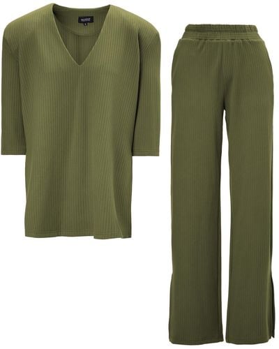 BLUZAT Ribbed Khaki Matching Set With Blouse And Pants With Slit - Green