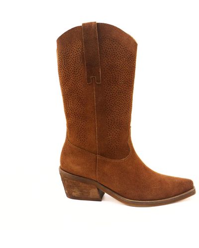 Stivali New York Summerfest Western Cowboy Boots In Tan Suede Leather - Brown