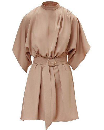 BLUZAT Neutrals Mini Dress With Pleats And Waist Belt - Brown