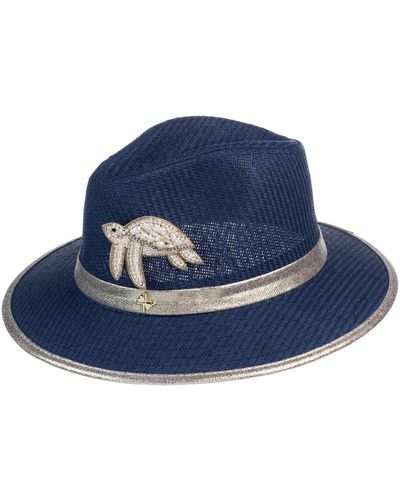 Laines London Straw Woven Hat With Pearl Beaded Turtle - Blue