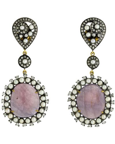 Artisan Multi Sapphire & Bezel Set Pearl Pave Diamond In 18k With Silver Dangle Earrings - Metallic