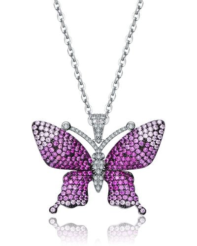 Genevive Jewelry Sterling Silver With Rhodium And Black Plated Long Lasting Butterfly Pendant Necklace - Purple