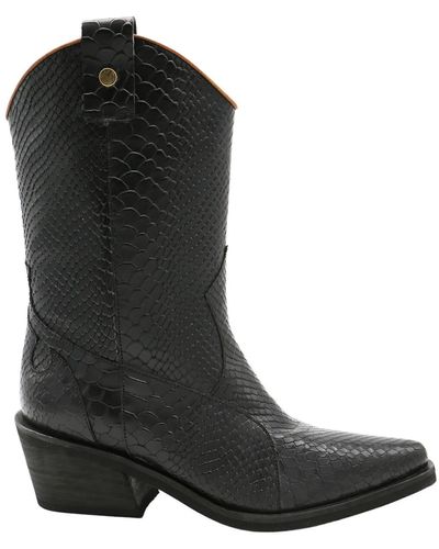 Stivali New York Royal Western Boots In Croc Embossed Leather - Black