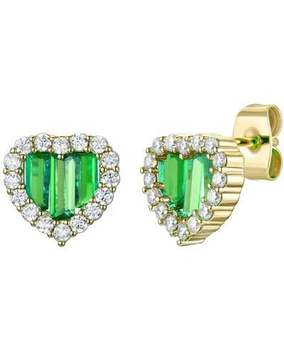 Genevive Jewelry Rachel Glauber Young Adult Yellow Gold Plated With Green Cubic Zirconia Baguette Heart Halo Stud Earring