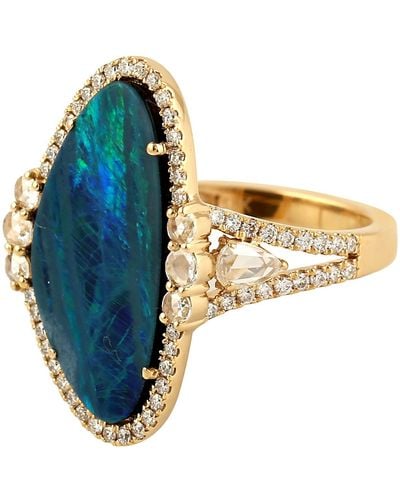 Artisan 18k Yellow Gold Natural Diamond Opal Doublet Cocktail Ring - Blue