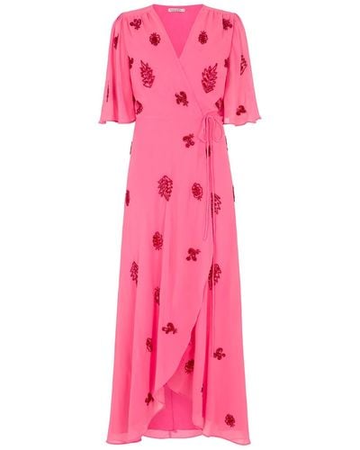 Hope & Ivy The Hebe Embellished Wrap Dress With Tie Waist And Flutter Sleeve - Pink